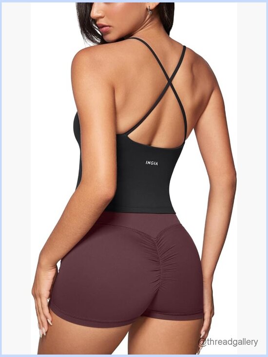 Tops - Low Scoop Neck Tank Top Built in Bra U Back Criss Cross Strap Sleeveless